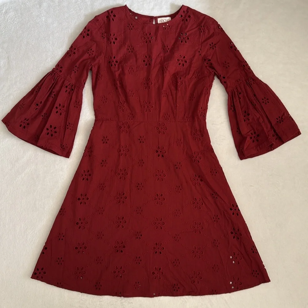 Beyond by Vera | 1891 Victoria Embroidered Eyelet Lace Bell Sleeve Dress Red (M) - Picture 16 of 16